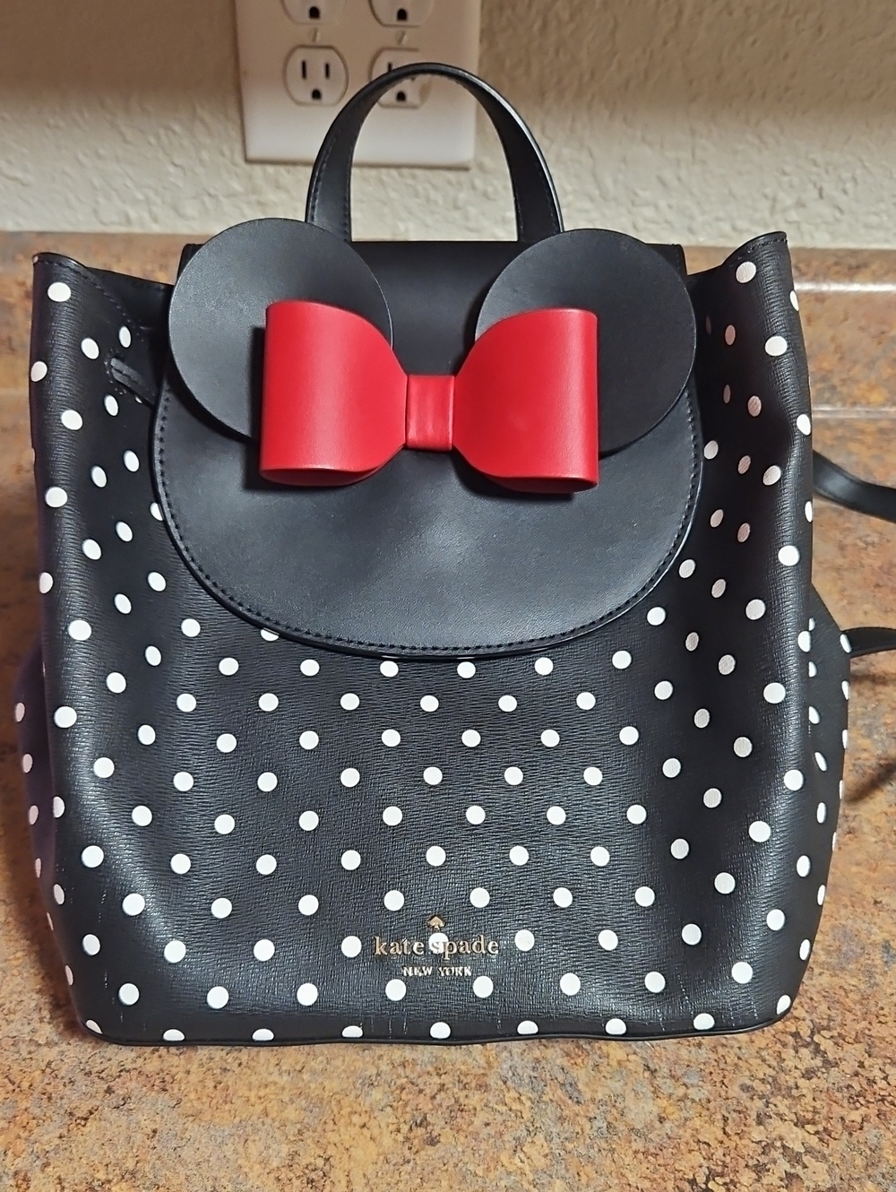 kate spade Black & White Polka Dot Backpack with Red Bow